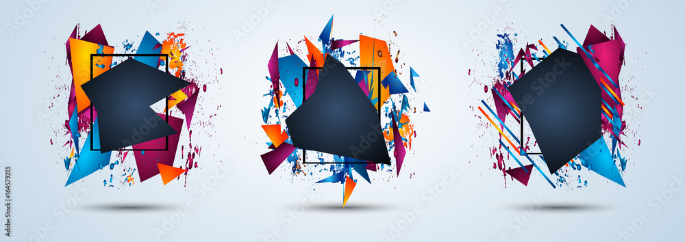 Poster futuristic frame art design with abstract shapes and drops of colors behind