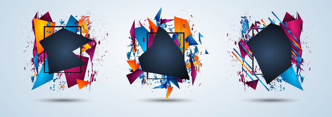 Futuristic Frame Art Design with Abstract shapes and drops of colors behind