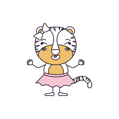 silhouette color sections caricature of female tigress in skirt with bow lace and smiling expression vector illustration