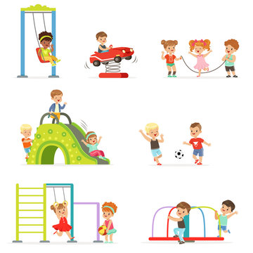 Cute cartoon little kids playing and having fun at the playground set of vector Illustrations