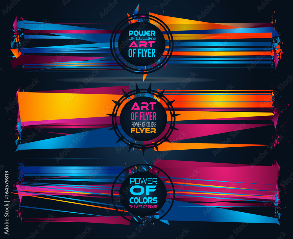 Poster futuristic frame art design with abstract shapes and drops of colors behind