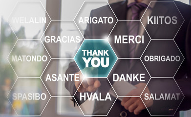 Thank You Words Tag Cloud. Man presses button thank you word button on virtual screen.