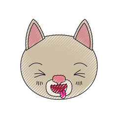color crayon silhouette cute face of cat sticking out tongue expression vector illustration