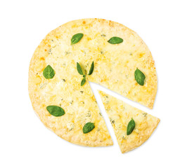 Delicious four cheese pizza with basil leaves