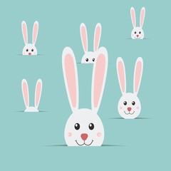 Many easter rabbits isolated on blue background.. Easter Bunny. Happy Easter card. Vector illustration.