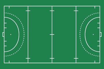 Flat green field hockey grass. Hockey field with line template. Vector stadium.
