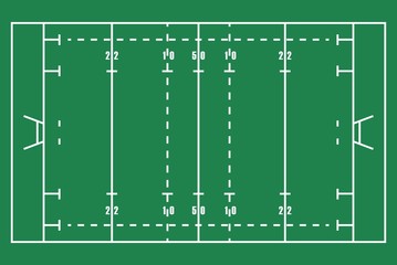 Flat green Rugby field. Top view of American football field with line template. Vector stadium.