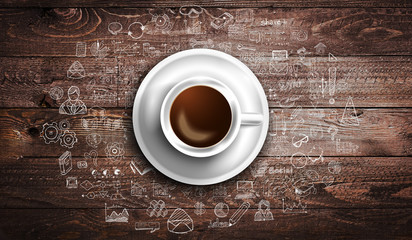 Infograph background template with a fresh coffee on real wooden table