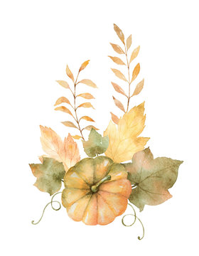Watercolor autumn bouquet of leaves, branches and pumpkins isolated on white background.