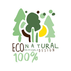 One hundred percent natural label original design, logo graphic template. Healthy lifestyle, handmade products, organic food menu hand drawn vector Illustration