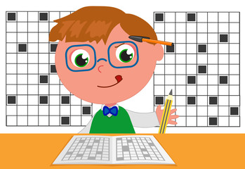 Smart kid doing crosswords vector