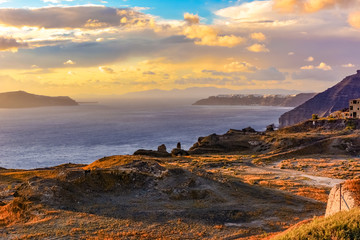 Fototapeta na wymiar Panorama of Santorini Island in Greece famous for romantic sunsets on the cliff