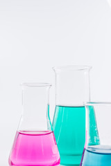 science and clinic background. Chemical and Medical laboratory research.  laboratory beakers with colorful liquids and reagents.  