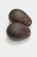 Two brown avocado fruits isolated on white