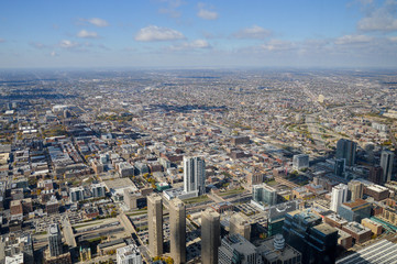 Chicago skyscrapers, Illinois state city, famous for the fountain and the magical colors of autumn, in the city park