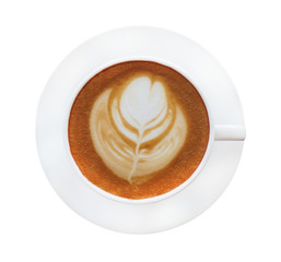 Top view of hot coffee latte art in white ceramic cup isolated on white background