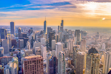 Fototapeta na wymiar Sunset on the skyscrapers of Chicago City