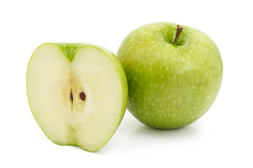 Green apple with slice isolated on white background
