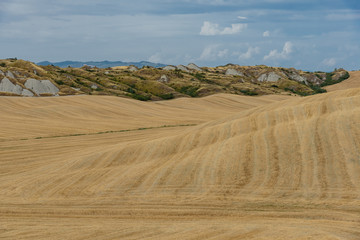 Fototapeta na wymiar Panorama of tuscany in summer, with fields of wheat and blue sky