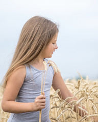 beautiful little girl tearing wheat ears in field at summer day. Concept of purity, growth, happiness