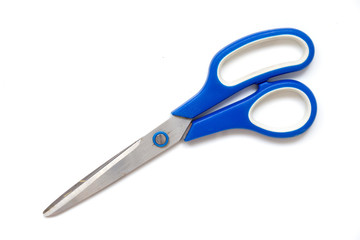 Metallic scissors with blue holder on white background
