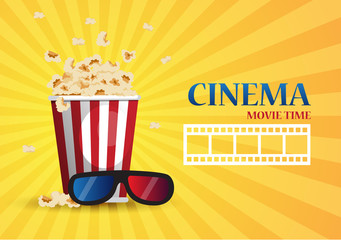Movie cinema poster design. Vector template banner for show with popcorn