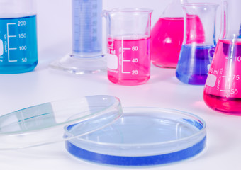 science and clinic background. Chemical and Medical laboratory research.  laboratory beakers and ...