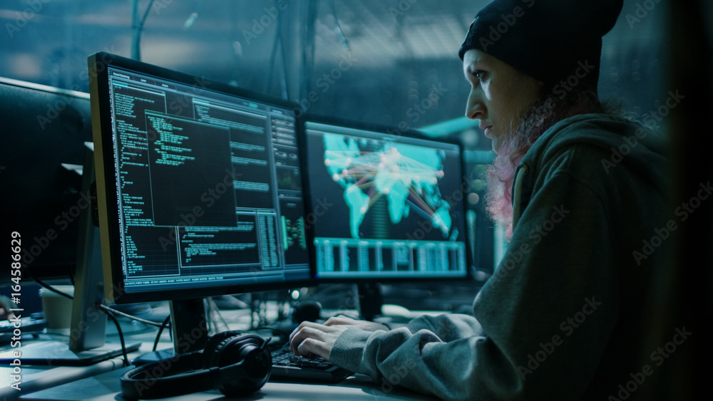 Aufkleber Nonconformist Teenage Hacker Girl Using her Computer to Organize Malware Attack on Global Scale. She's in Underground Secret Location Surrounded by Displays and Cables.