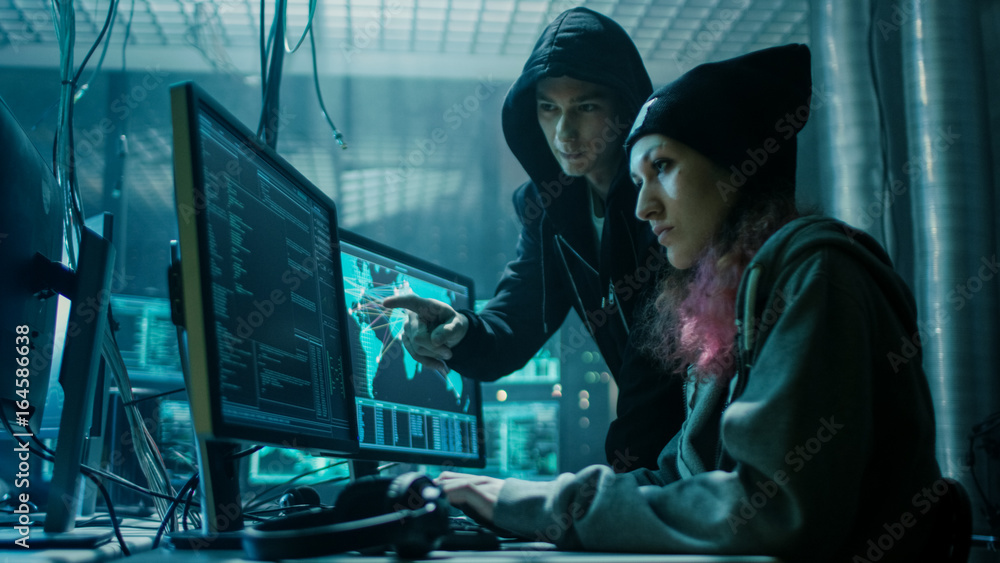 Poster team of boy and girl hackers organize advanced virus attack on corporate servers. they work together
