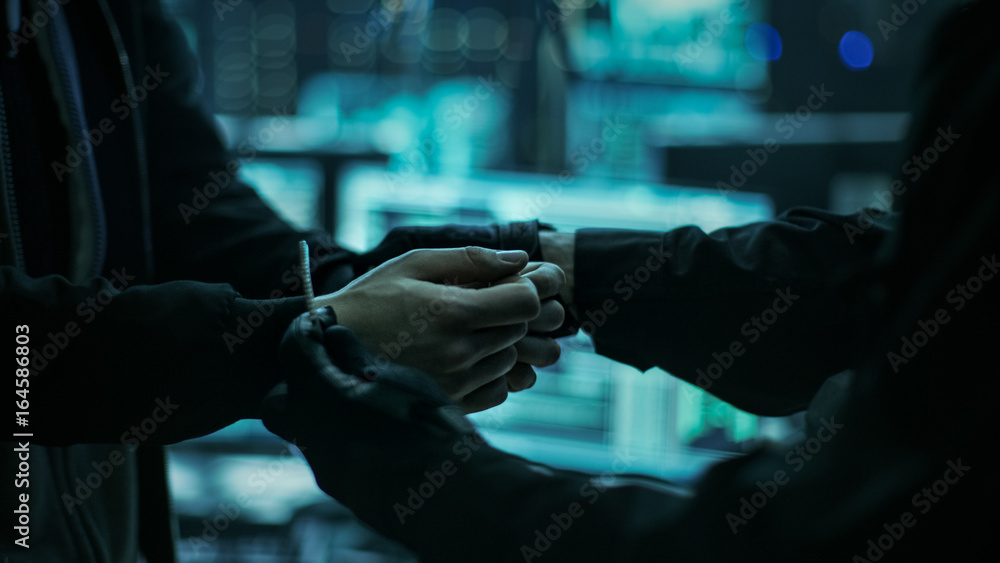 Poster close-up of hacker getting handcuffed at his hidden place by cybersecurity police officer.
