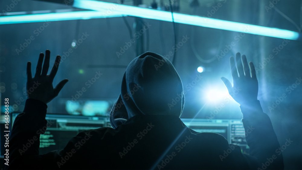 Poster fully armed special cybersecurity forces soldier arrests highly dangerous hacker. hideout is dark an