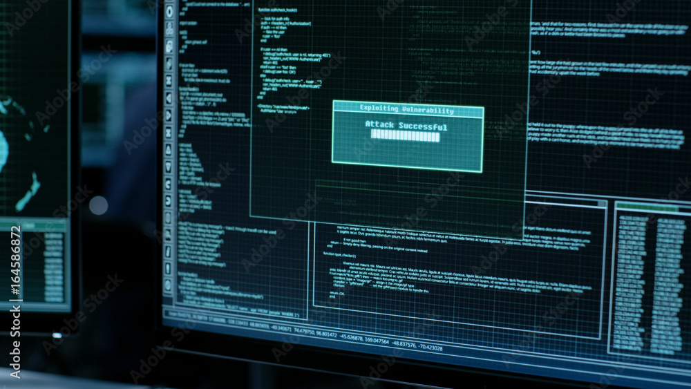 Aufkleber Display Showing Stages of Hacking in Progress: Exploiting Vulnerability, Executing and Granted Access.