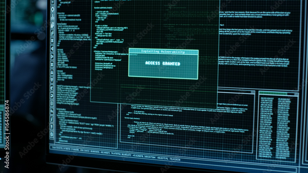 Aufkleber Display Showing Stages of Hacking in Progress: Exploiting Vulnerability, Executing and Granted Access.