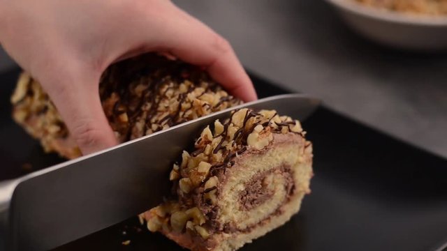 Chocolate nuts roulade stock footage