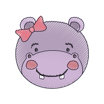 color crayon silhouette face of female hippo animal happiness expression with bow lace vector illustration