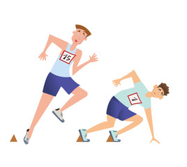 Fototapeta na wymiar Runners sprinters start. Two young men at the start of the running competition. Vector illustration, isolated on white background.