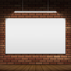 White banner hanging on a red brick wall.