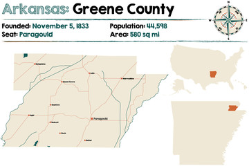 Large and detailed map of Arkansas - Greene county
