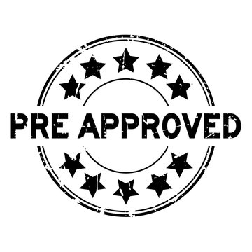 Grunge black pre approved with star icon round rubber seal stamp on white background