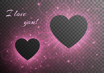 Bling background with romantic abstract light. Frames in the form of hearts on a transparent backdrop. Vector illustration for Valentine's day.
