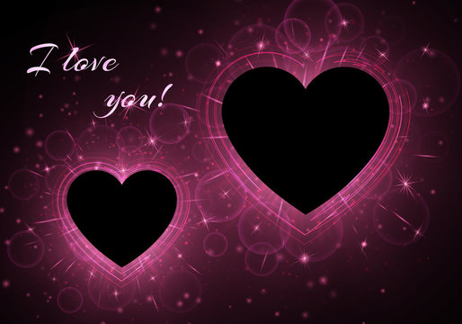 Romantic bokeh background with bright light. Frames in the form of hearts on a dark backdrop. Vector design for St. Valentine's Day.
