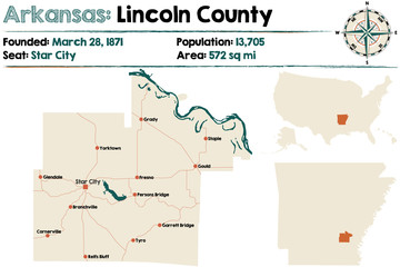 Large and detailed map of Arkansas - Lincoln county