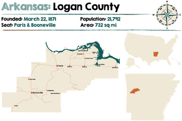 Large and detailed map of Arkansas - Logan county