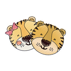 color crayon silhouette faces of tiger couple animal happiness expression vector illustration