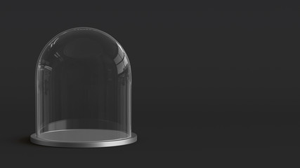 Glass dome with silver tray on dark background. 3D rendering.
