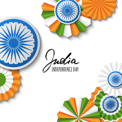 15th of August, India Independence Day. Vector paper stars in Indian flag colors, ashoka wheel, hand drawn calligraphy. Material design concept for greeting card, banner layout, flyer, poster.