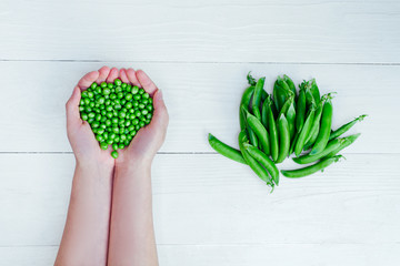 Woman's hands holding green peas on white background near pods of green peas, close-up