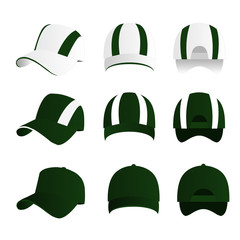 Strip baseball cap green color with colored mesh and adjustable rubber strap isolated vector set