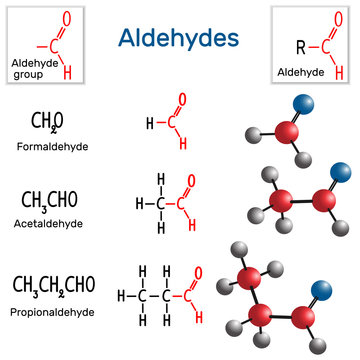 Aldehydes. Chemical formula and molecule model formaldehyde, acetaldehyde and propionaldehyde