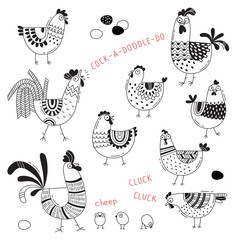 Vector images of chickens, hens, cocks, eggs in cartoon style, line art. Elements for design cover food package, advertising banner, card - 164595078